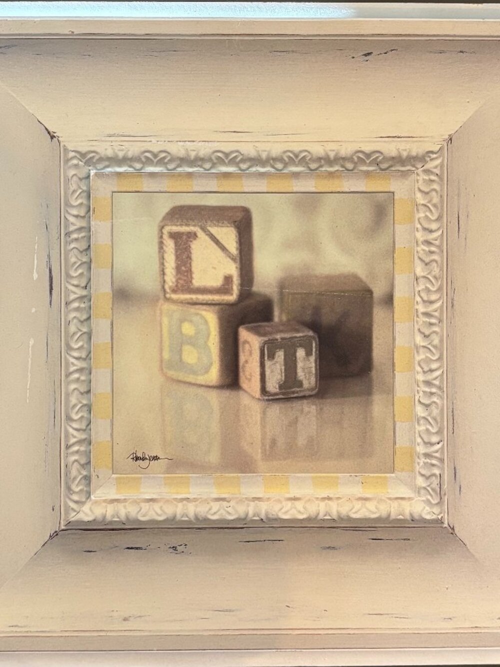 Vintage Alphabet Blocks print on Wood. 12x12  Cream faux-distress paint